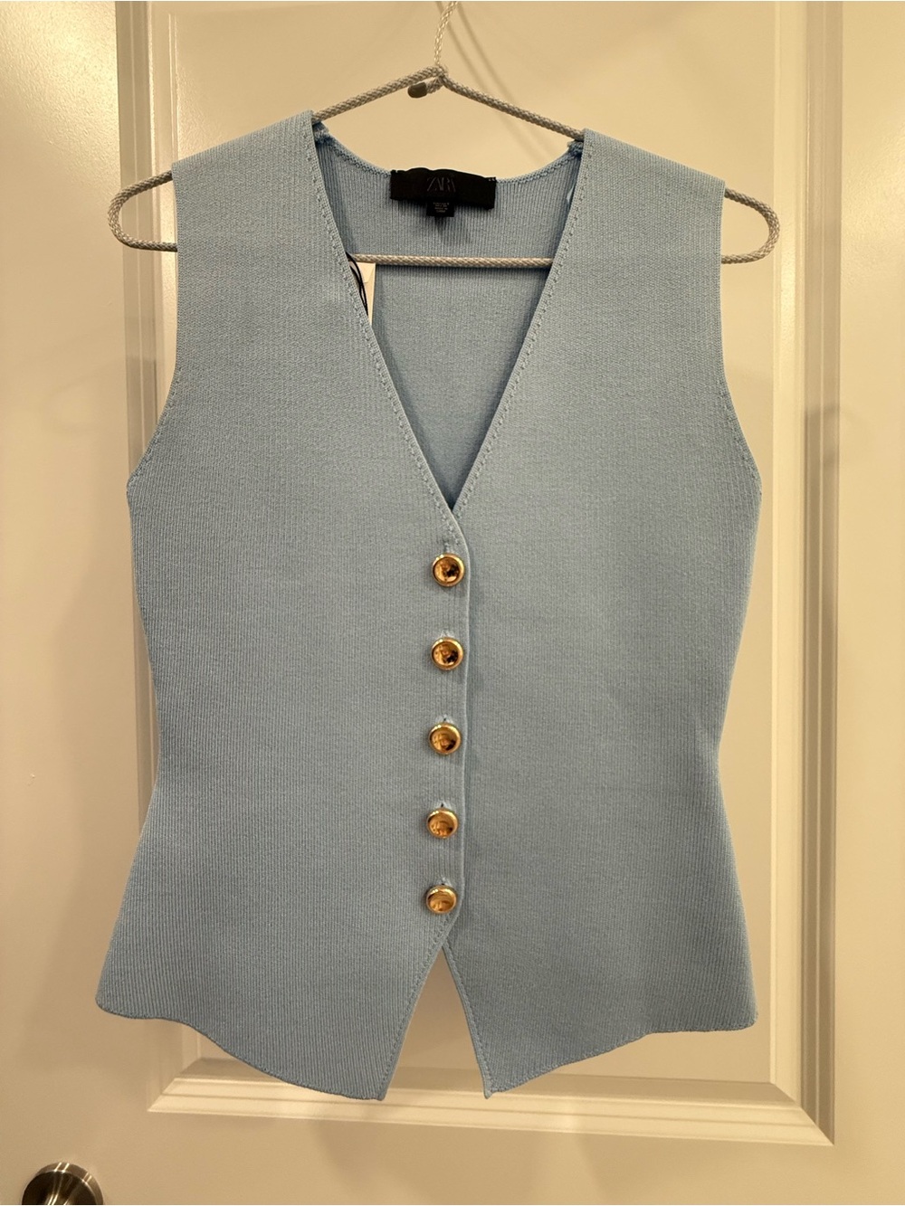 Zara Pale Blue Knit Button Vest with Gold Buttons